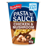 Batchelors Pasta & Sauce Chicken & Mushroom, 65g, is a low fat quick meal. The packaging shows pasta, mushrooms, and onion—ideal for a fast and tasty bite.